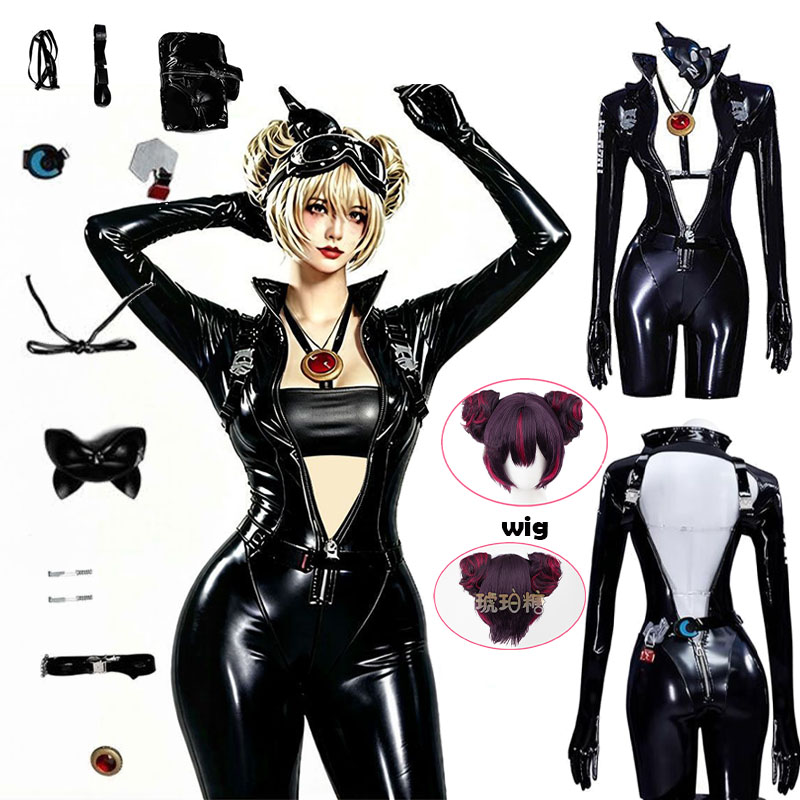 Cosplay Prop - WHH อะนิเมะนิคเก้ ควินซีคอสเพลย์เครื่องแต่งกายชุดบอดี้สูทสีดำพร้อมเข็มขัดหน้ากากเย็บอย่างดีชุดคอสเพลย์ผู้หญิงเล่นบทบาทปาร์ตี้